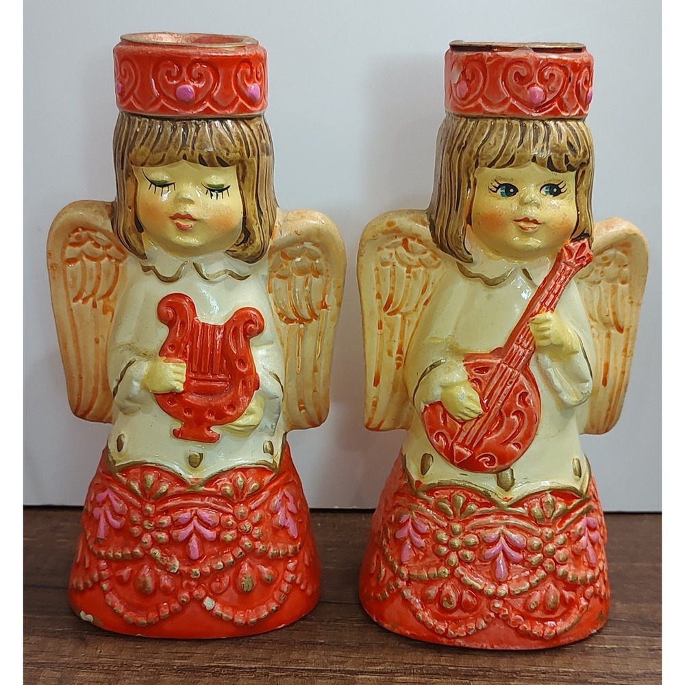 Vtg Commodore Christmas Angel Candle Holders Set Of 2 60s Mod MCM Holiday B18